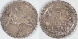 World Coins - LITHUANIA - Republic, 1925 5 Litai, Choice Very Fine
