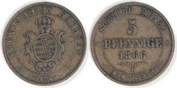 World Coins - GERMANY - Kingdom of Saxony, Johann I, 1866 B, 5 Pfennige, Very Fine