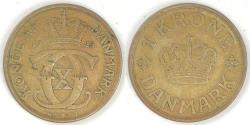 World Coins - DENMARK, Christian X, 1925 HCN♥GJ, Krone, Very Fine