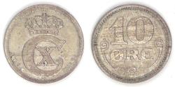 World Coins - DENMARK, Christian X, 1921 HCN ♥ GJ, 10 Øre, Almost Uncirculated