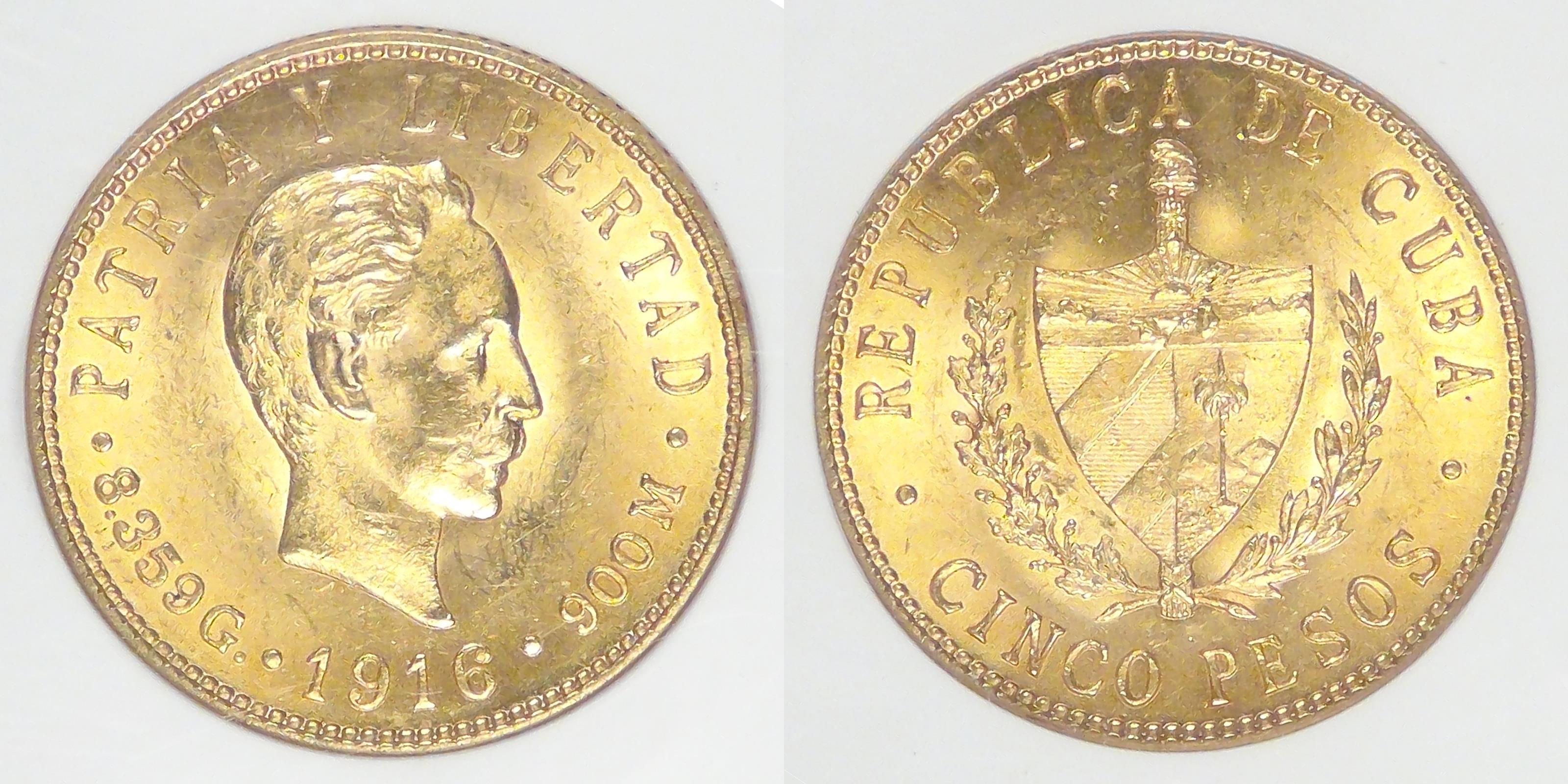 CUBA - 1st Republic, 1916 (P), 5 Pesos, MS-63 NGC | North