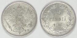 World Coins - FINLAND - Grand Duchy, Nicholas II, 1916 S, 25 Pennia, Choice Brilliant Uncirculated