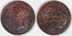World Coins - STRAITS SETTLEMENTS - East India Company, Victoria, 1845, ¼ Cent, Choice Very Fine / Extra Fine