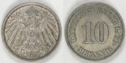 World Coins - GERMANY - Empire, Wilhelm II, 1906 J, 10 Pfennig, Choice Almost Uncirculated