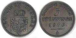 World Coins - GERMANY - Prussia, Wilhelm I, 1870 A, 3 Pfennige, Very Fine +