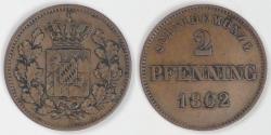 World Coins - GERMANY - Bavaria, Maximilian II 1862, 2 Pfenning, Extra Fine