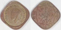 World Coins - INDIA - British Colony, George VI, 1942, ½ Anna, Extra Fine