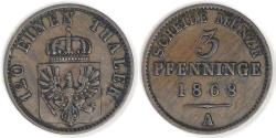 World Coins - GERMANY - Prussia, Wilhelm I, 1868 A, 3 Pfennige, Very Fine +