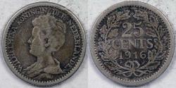 World Coins - NETHERLANDS, Wilhelmina I, 1916, 25 Cents, Very Fine