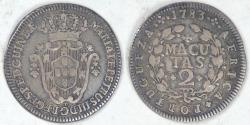 World Coins - ANGOLA - Portuguese Colony, Maria I with Pedro III, 1783, 2 Macutas, Choice Fine