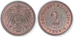 World Coins - GERMANY - Empire, Wilhelm II, 1908 A, 2 Pfennig, Almost Uncirculated
