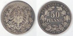 World Coins - GERMANY - Empire, Wilhelm I, 1877 D, 50 Pfennig, Choice Fine
