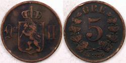 World Coins - NORWAY, Oscar II, 1876, 5 Ore, Fine to Very Fine