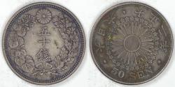 World Coins - JAPAN - Empire, Taishō (Yoshihito), Year 2 (1913) 50 Sen, Extra Fine