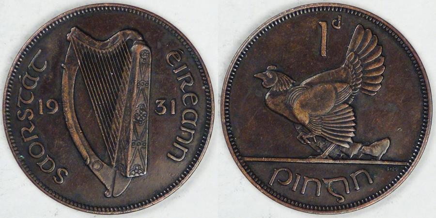 IRELAND, Irish Free State, 1931 Pingin (Penny), Extra Fine | European Coins