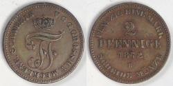 World Coins - GERMANY - Grand Duchy of Mecklenburg-Schwerin, Friedrich Franz II, 1872 B, 2 Pfennig, Choice EF