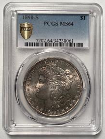 US Coins - 1890-S Morgan Dollar graded MS-64 by PCGS color
