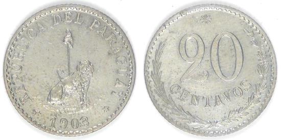World Coins - PARAGUAY - Republic, 1903, 20 Centavos, Choice AU