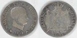 World Coins - ITALY - Kingdom of Napoleon, Napoleon I, 1808 M, 5 Lire, about Fine