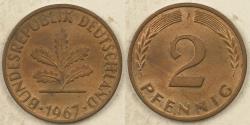 World Coins - GERMANY - Federal Republic, 1967 F, 2 Pfennig, AU-58