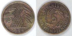 World Coins - GERMANY - Weimar Republic, 1924 F, 5 Rentenpfennig, Almost Uncirculated