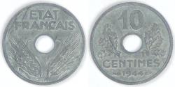 World Coins - FRANCE - Republic, 1944, 10 Centimes, Choice AU