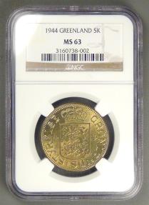 GREENLAND - Danish Colony, Christian X, 1944 (P), 5 Kroner graded