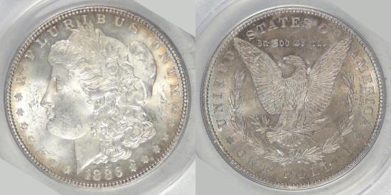 US Coins - 1886 Morgan Dollar graded MS-63 by ANACS rev color