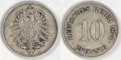 World Coins - GERMANY - Empire, Wilhelm I, 1874 E, 10 Pfennig, Extra Fine
