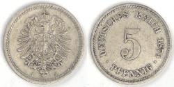 World Coins - GERMANY - Empire, Wilhelm I, 1875 A, 5 Pfennig, Extra Fine