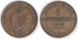 World Coins - GERMANY - Kingdom of Saxony, Johann I, 1863 B, 5 Pfennige, Choice Very Fine