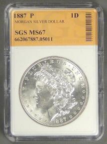 US Coins - 1887 Mogan Dollar, MS-63+ in SGS holder