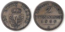 World Coins - GERMANY - Prussia, Wilhelm I, 1866 A, 2 Pfennige, Choice Very Fine