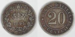World Coins - ITALY - Kingdom, Umberto I, 1894 R, 20 Centesimi, Very Fine