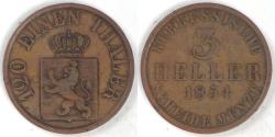 World Coins - GERMANY - Hesse-Cassel, Friedrich Wilhelm I, 1854, 3 Heller, Very Fine