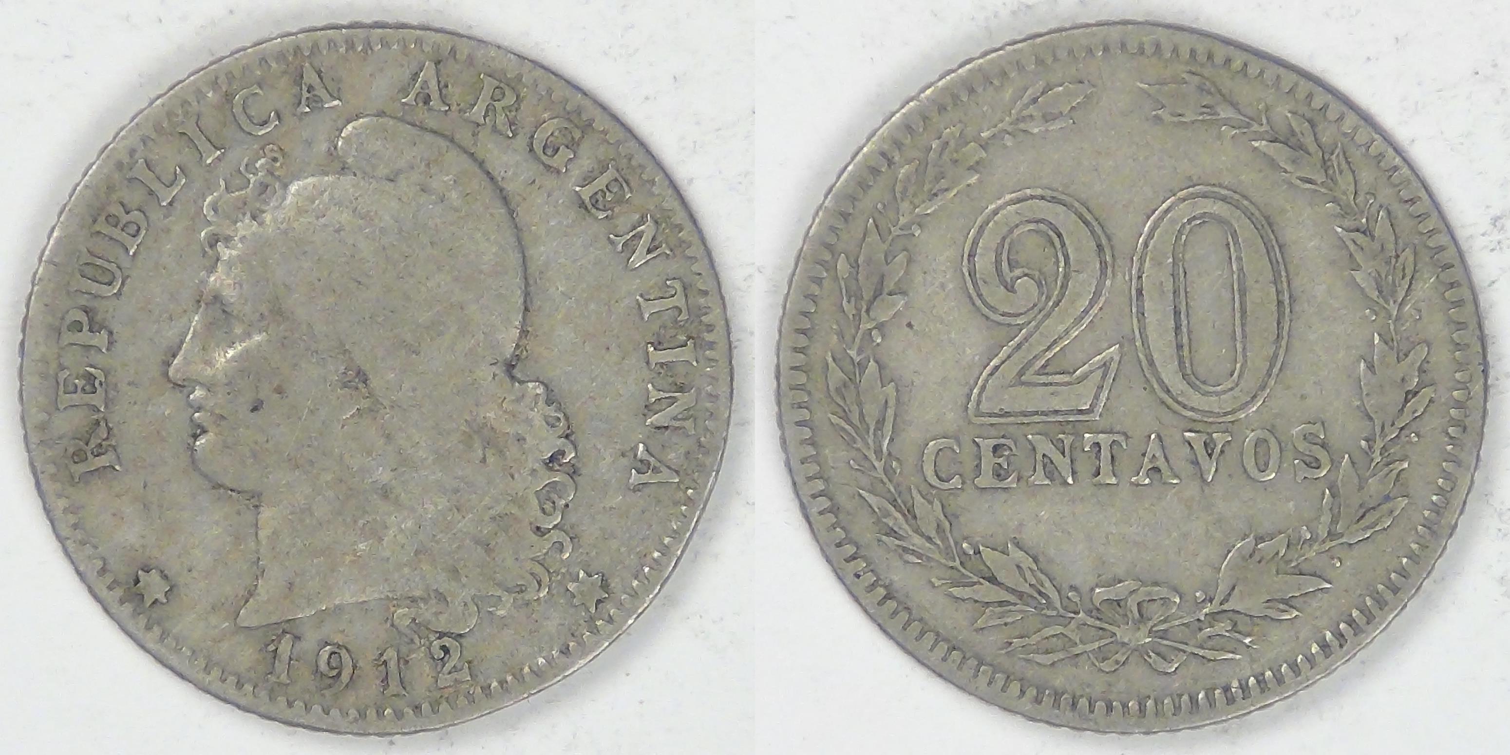 ARGENTINA - Republic, 1912, 20 Centavos, Choice Fine | South American Coins
