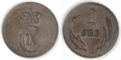 World Coins - DENMARK, Christian IX, 1874 (h) CS, 2 Øre, Extra Fine