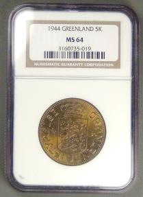 GREENLAND - Danish Colony, Christian X, 1944 (P), 5 Kroner graded