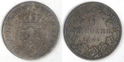 World Coins - GERMANY - Hesse-Darmstadt, Ludwig II, 1841, 6 Kreuzer, Fine