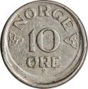 World Coins - Norway, 10 øre 1957 (error strike)