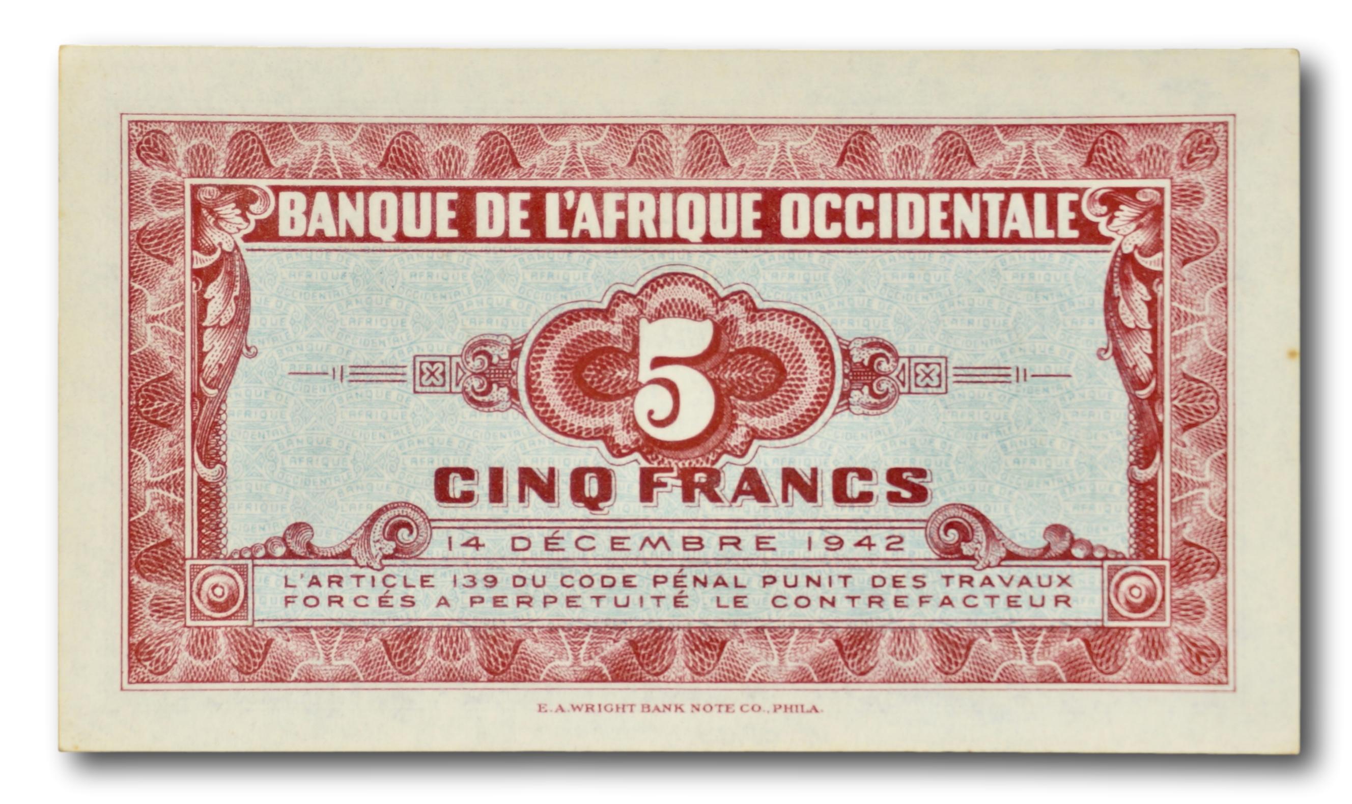 日本未入荷 World Paper Money FRENCH WEST AFRICA 5 Francs【1942