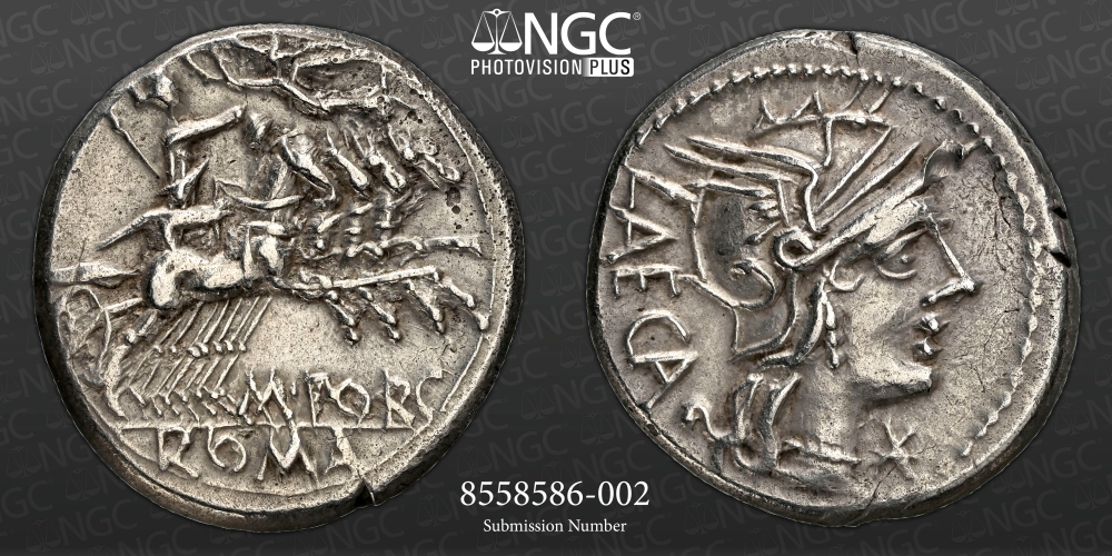 Roman Republic M. Porcius Laeca NGC Ch XF 5/5 3/5 Silver Denarius