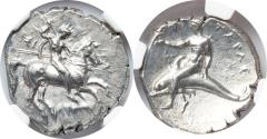 Ancient Coins - CALABRIA. Tarentum NGC AU 5/5 - 3/5 3rd century BC. AR stater or didrachm (22mm, 7.89 gm, 7h). Si- and Lycon, magistrates. Nude warrior on horse rearing right, spearing downwards.