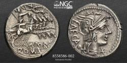 Ancient Coins - Roman Republic M. Porcius Laeca NGC Ch XF 5/5 3/5  Silver Denarius, 125 BC. Rome. 18.5mm, 3.94g