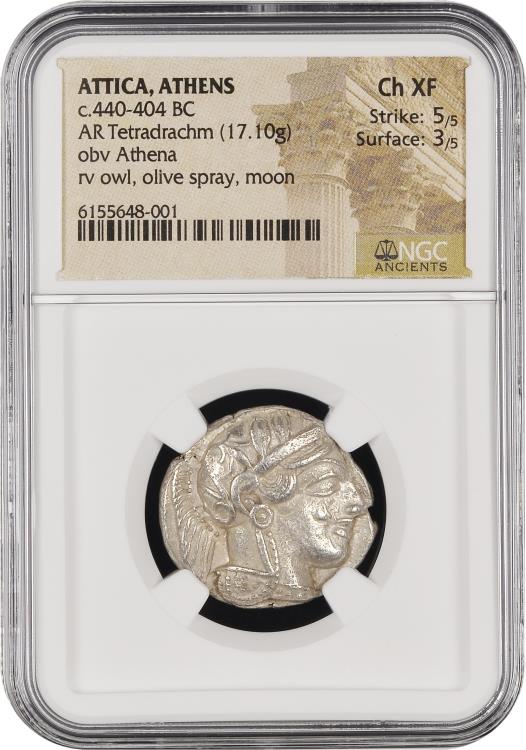 ATTICA. Athens. NGC XF 5/5 3/5 - 440-404 BC. AR tetradrachm (26mm 17.11  gm). Mid-mass coinage issue. Head of Athena right, wearing crested Attic