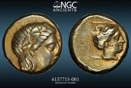 Ancient Coins - Mytilene EL Hekte NGC Ch VF 3/5 4/5  360-340 BC. Head of Athena to right, wearing crested Attic helmet / Facing lion-scalp facing, square linear frame