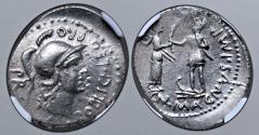 Ancient Coins - Cnaeus Pompey Junior AR Denarius - NGC AU 3/5 4/5 Corduba (Cordoba) mint, summer 46 - spring 45 BC. M. Poblicius, legate pro praetore. Helmeted head of Roma to right