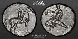 Ancient Coins - Calabria, Taras – AR Didrachm – NGC AU 4/5 2/5 – 7.9g 20mm - DOLPHIN -  Youth on a horse, crowning its head. “SA” to left, “FI?I/APXOS” below  Taras riding a dolphin left