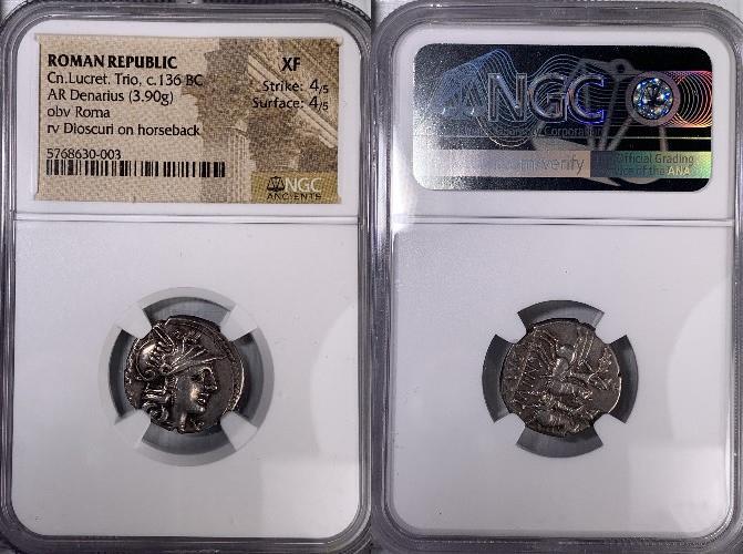Cn Lucretius Trio Denarius Circa 136 Ar 19mm 3 90g Helmeted Head Of Roma R Below Chin X And Behind Trio Ngc Xf 4 5 4 5