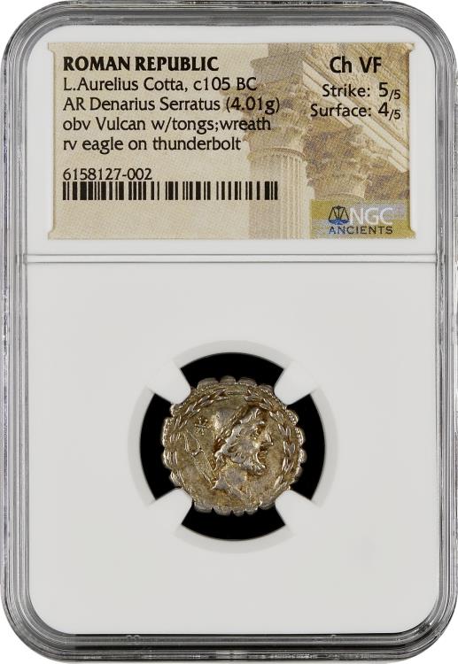 ROMAN REPUBLIC Lucius Aurelius Cotta, 105 BC. Denarius SCARCE Serratus